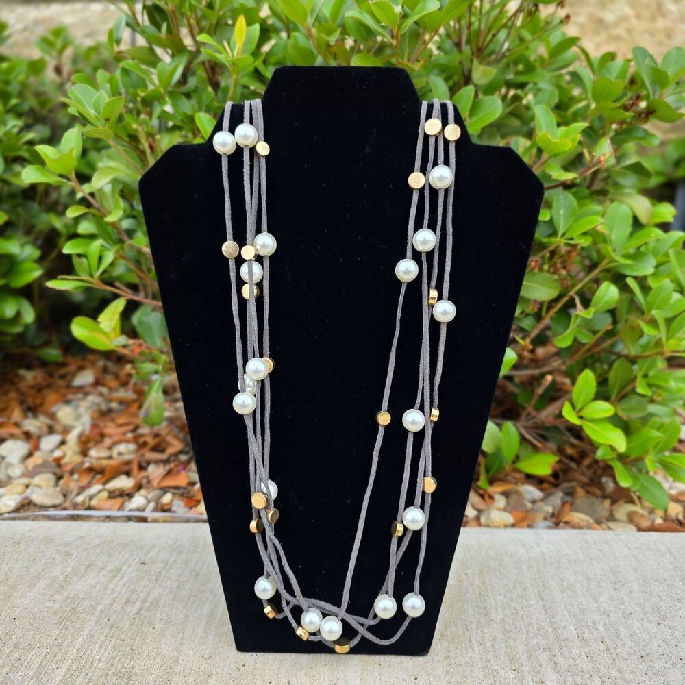 Four Strand Gray Suede Gold Tone Bead Necklace with Faux Pearl